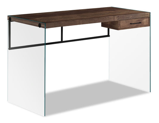 Bureau Isla 48 avec tiroir - Marron avec base en verre|Bureau Isla de 48 po avec tiroir - brun avec base en verre