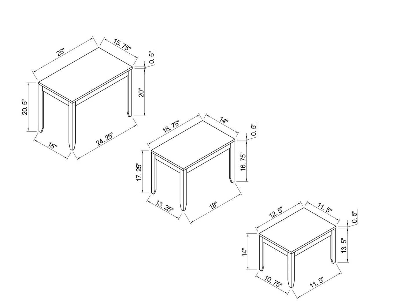 Roma 25 Tables gigognes 3 pièces avec étagère - Aspect marbre noir | 3 tables gigognes Roma de 25 po avec tablette - imitation de marbre noir