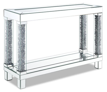 Berni 47.4 Glam Mirror &amp; Glass Top Sofa Table with Shelf - Silver Metal with Diamond Look Legs|Table de salon somptueuse Berni de 47,4 po avec dessus en miroir et en verre et tablette - métal argenté avec pattes à apparence de diamant