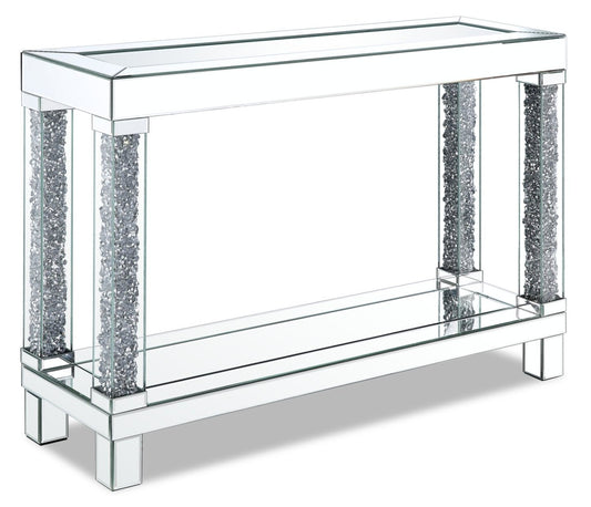 Berni 47.4 Glam Mirror &amp; Glass Top Sofa Table with Shelf - Silver Metal with Diamond Look Legs|Table de salon somptueuse Berni de 47,4 po avec dessus en miroir et en verre et tablette - métal argenté avec pattes à apparence de diamant