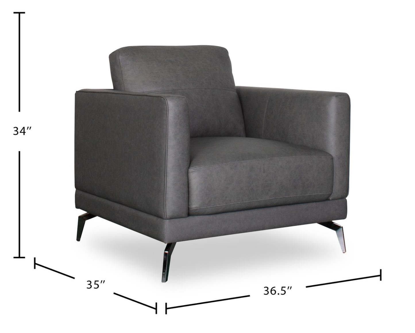Chaise Melrose 36,5 en cuir véritable de première qualité avec pieds en métal - Gris | Fauteuil Melrose de 36,5 po en cuir de qualité supérieure avec pattes en métal véritable - gris