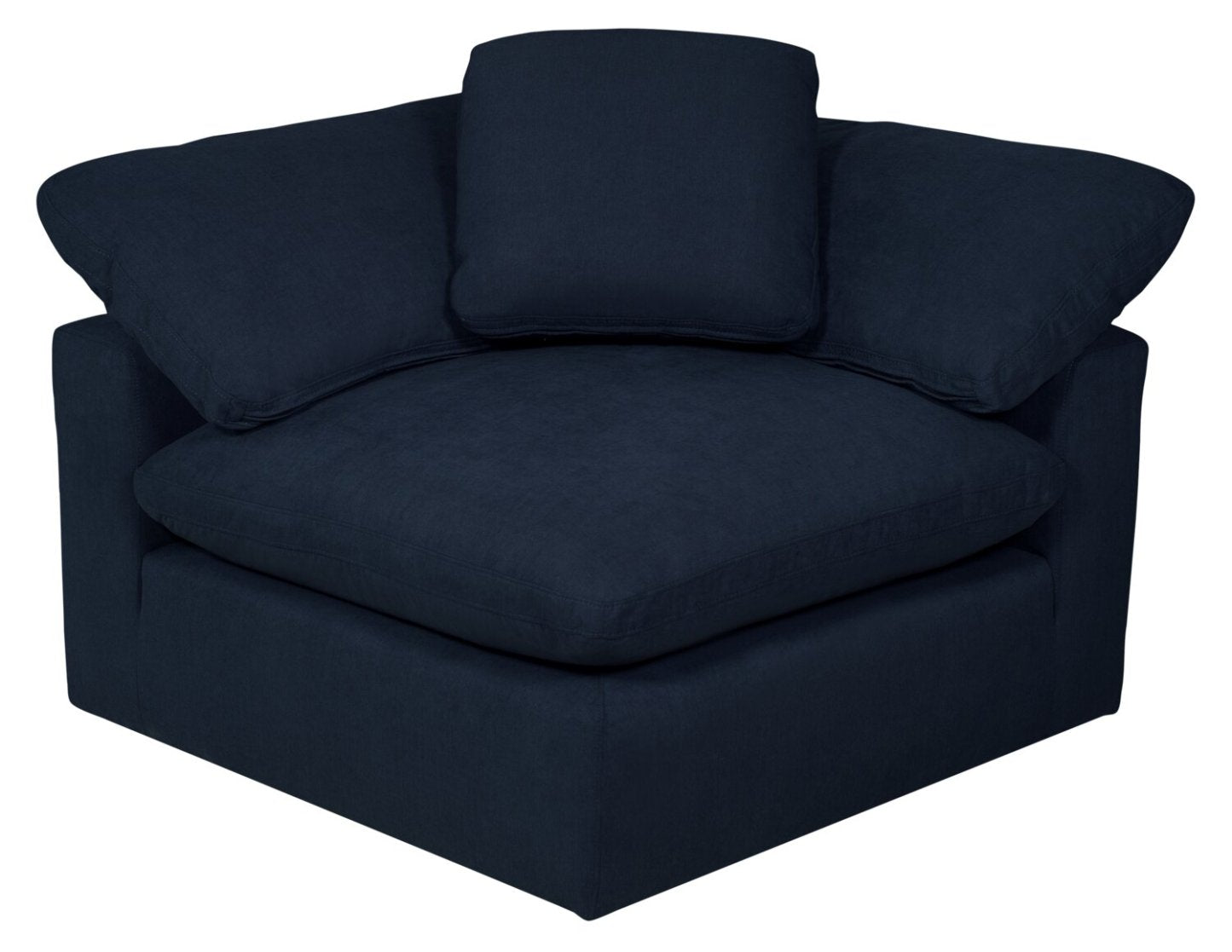 Sofa sectionnel modulaire Eclipse 6 pièces en tissu d’apparence lin avec poufs et coussins réversibles en duvet et plumes - bleu marine