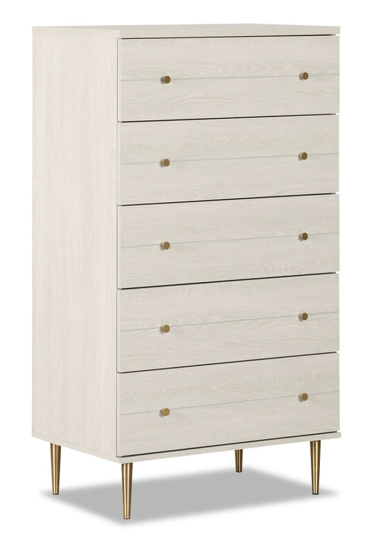 Lake Bedroom Chest of Drawers, 5-Drawer, 29W x 52H, Made in Canada, Glam - White | Commode verticale somptueuse Lake de 29 po (L) x 52 po (H) à 5 tiroirs pour la chambre à coucher, fabriquée au Canada - blanche
