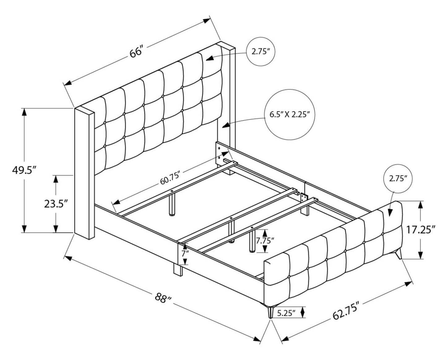 Lit rembourré Zara en tissu d'apparence lin gris - capitonné à boutons - taille Queen | Lit rembourré Zara en tissu d'apparence lin gris avec capitonnage à boutons - format grand lit