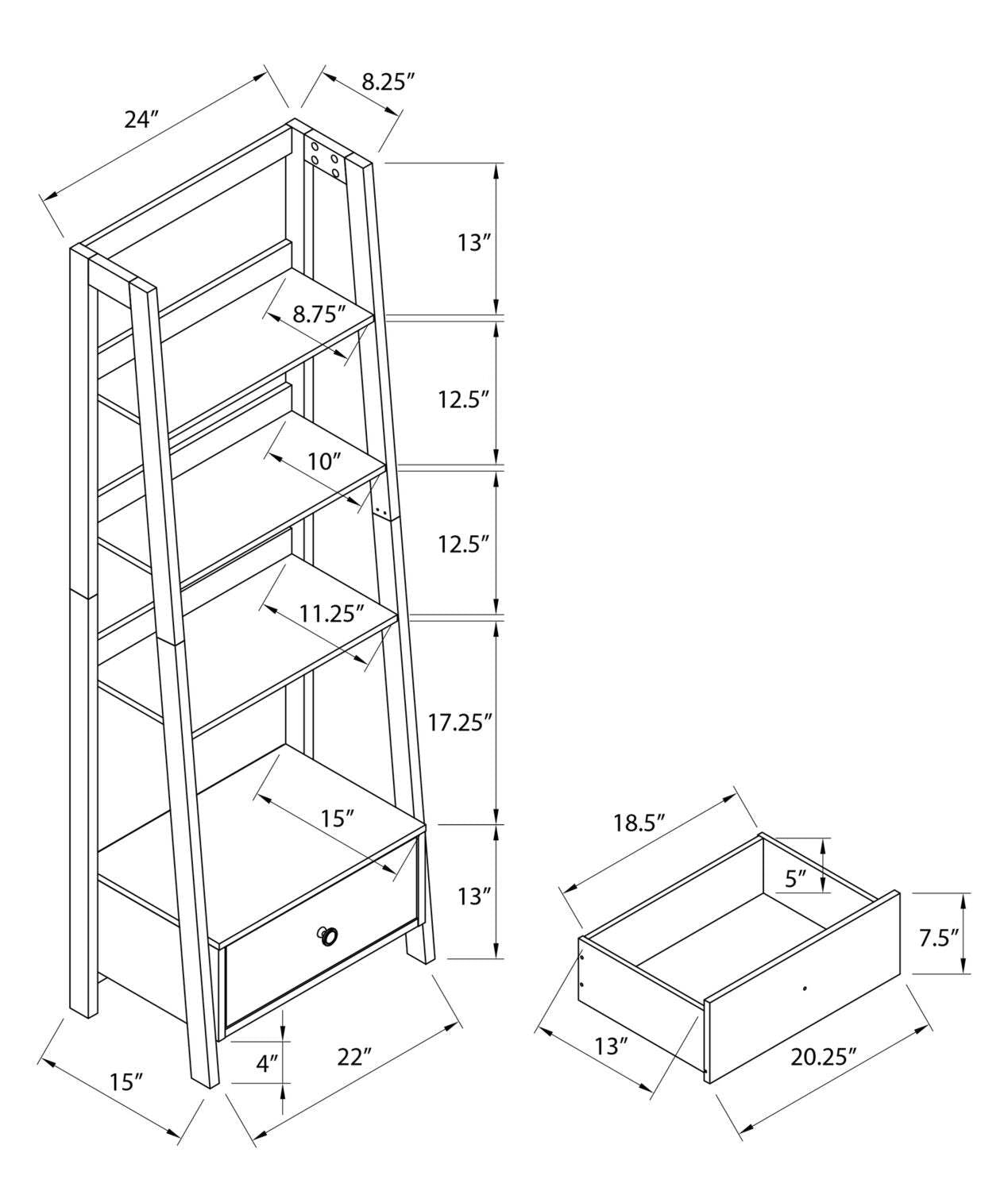 Bibliothèque ouverte style échelle Eden 24 avec tiroir - Gris|Bibliothèque ouverte Eden de 24 po de style échelle avec tiroir - grise