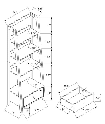 Bibliothèque ouverte style échelle Eden 24 avec tiroir - Gris|Bibliothèque ouverte Eden de 24 po de style échelle avec tiroir - grise