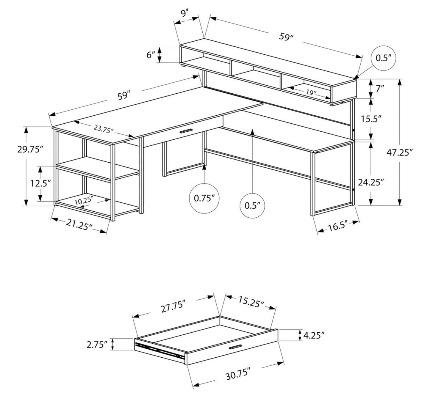 Oaklee 59 L-Shaped Corner Office Desk with Hutch - Dark Taupe |Bureau en coin en forme de L Oaklee de 59 po avec crédence - taupe foncé