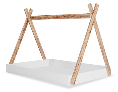 Lit de tente plateforme Wolf pour enfants, bicolore blanc et naturel - Pleine grandeur | Lit Wolf plateforme en forme de tente pour enfants, deux teintes, blanc et naturel - format lit double