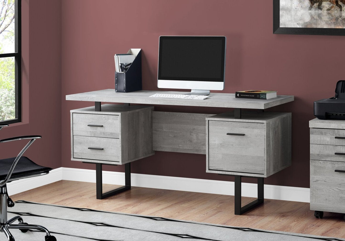 Bureau réversible Teagan 60 avec 3 tiroirs - Gris clair|Bureau réversible Teagan de 60 po à 3 tiroirs - gris clair
