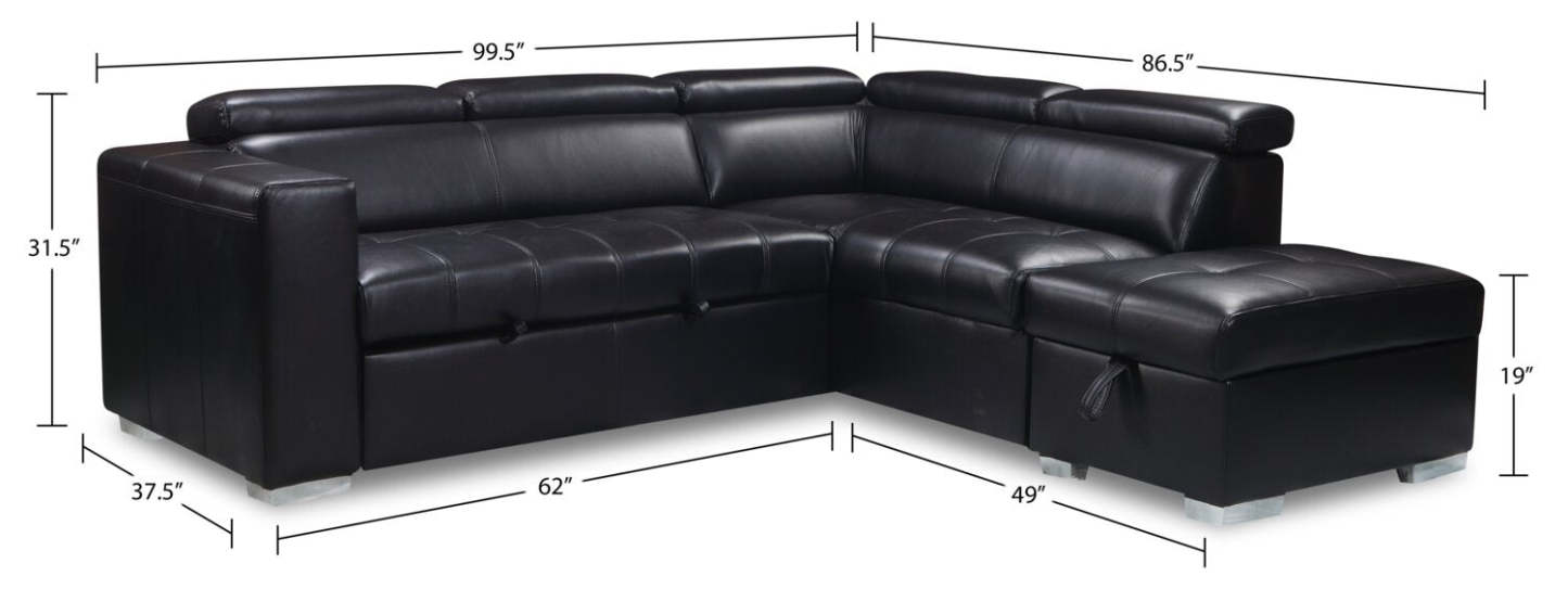 Sofa-lit sectionnel de droite Drake 3 pièces en tissu d’apparence cuir avec pouf de rangement - noir