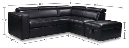 Sofa-lit sectionnel de droite Drake 3 pièces en tissu d’apparence cuir avec pouf de rangement - noir