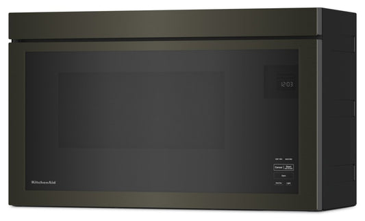 Four à micro-ondes à hotte intégrée KitchenAid de 1,1 pi³ à installation affleurée avec cuisson à 900 Watts - Acier inoxydable noir - YKM… | KitchenAid 1.1 Cu. Ft. Flush Over-the-Range Microwave with 900 Watts Cooking - Black Stainless - YKM…