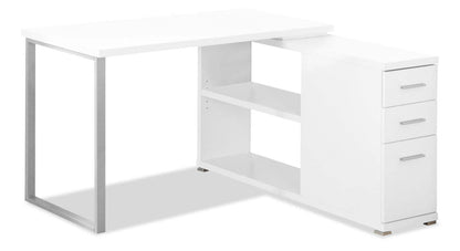 Bureau réglable en forme de L Milo 47,25 avec 3 tiroirs et étagères ouvertes - Blanc|Bureau réglable en forme de L Milo de 47,25 po à 3 tiroirs avec tablettes ouvertes - blanc