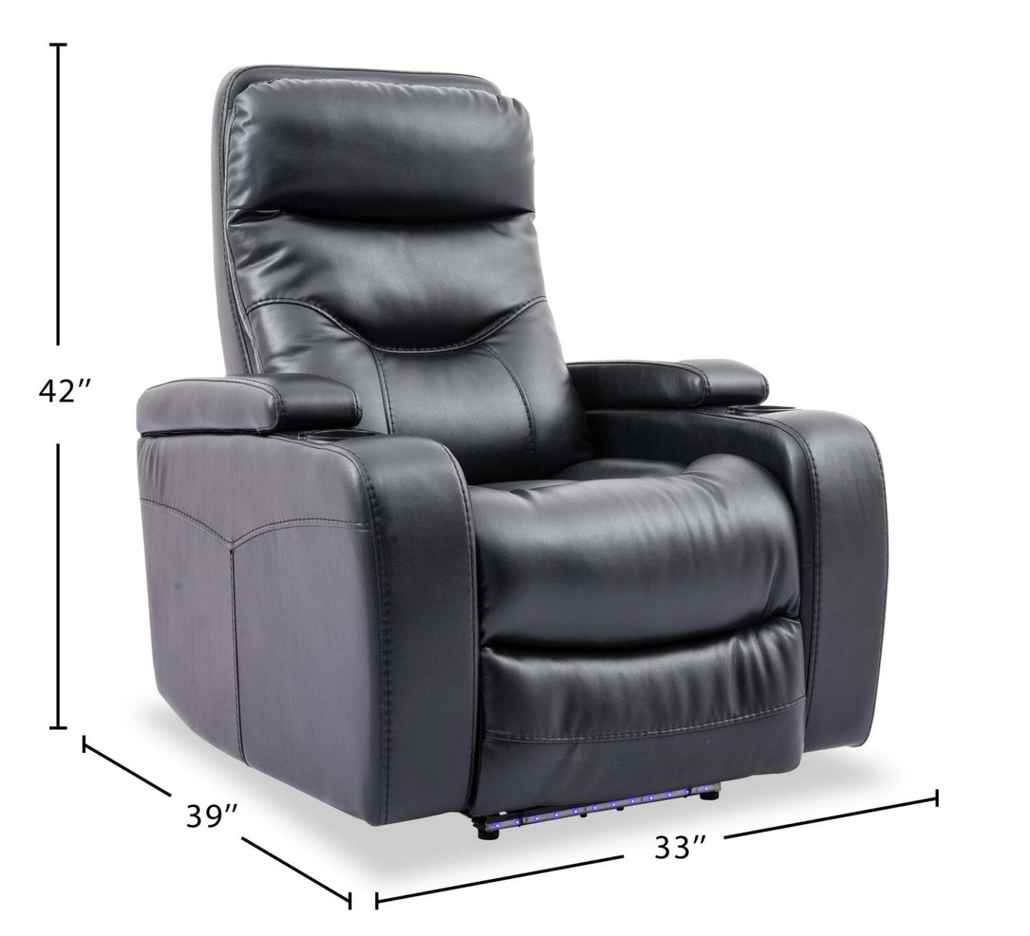 Fauteuil à inclinaison électrique Glow de 33 po en tissu avec accoudoirs de rangement - noir