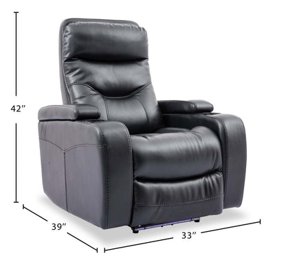 Fauteuil à inclinaison électrique Glow de 33 po en tissu avec accoudoirs de rangement - noir