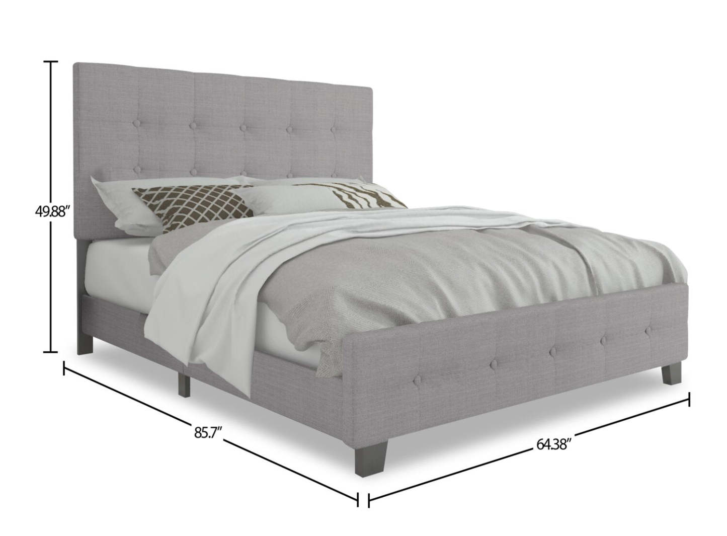 Page Lit rembourré en tissu d'apparence lin gris, capitonné avec boutons - Queen Size | Lit rembourré Page en tissu d'apparence lin gris avec capitonnage à boutons - format grand lit