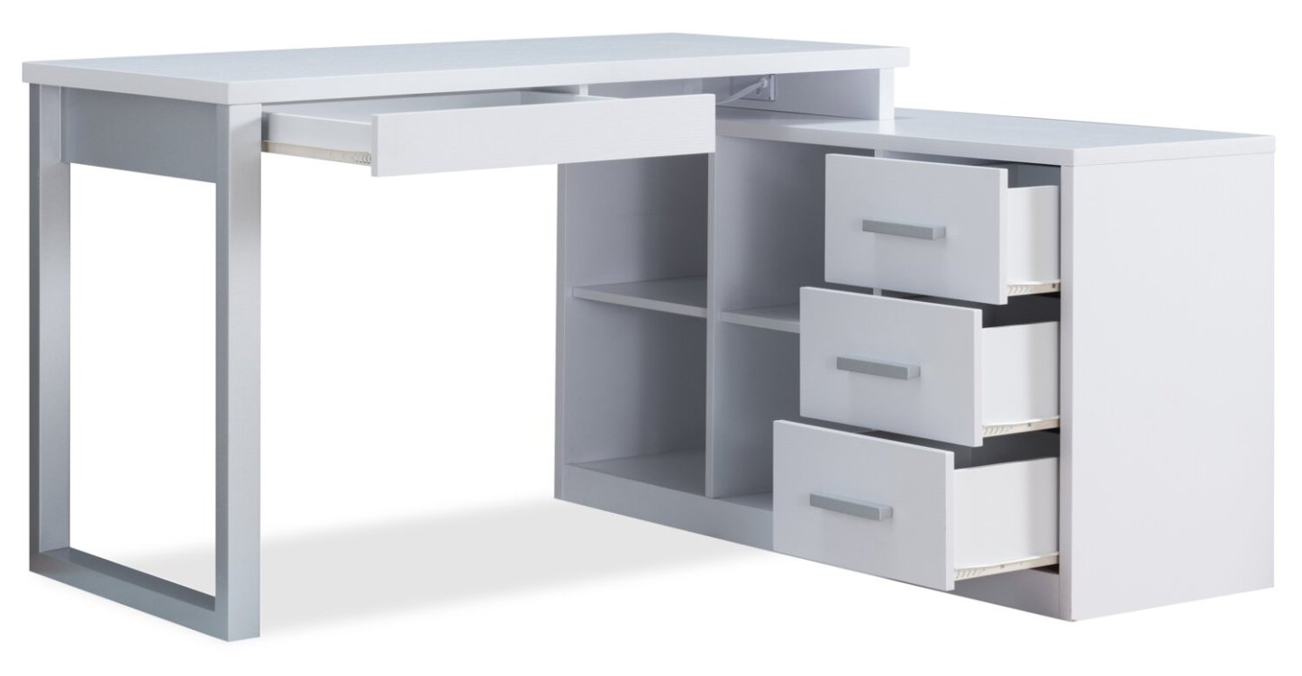 Bureau d'angle réversible Owen 55 avec 4 tiroirs et compartiments - Blanc|Bureau en coin réversible Owen de 55 po à 4 tiroirs et compartiments - blanc