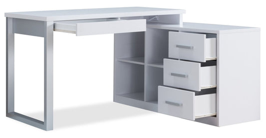 Bureau d'angle réversible Owen 55 avec 4 tiroirs et compartiments - Blanc|Bureau en coin réversible Owen de 55 po à 4 tiroirs et compartiments - blanc