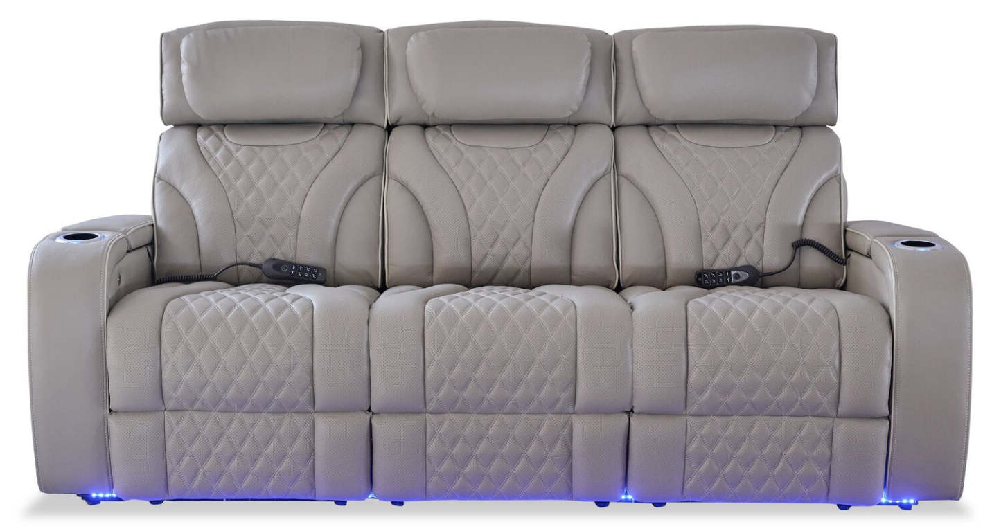 Elite 86 Genuine Leather Massage Power Reclining Sofa with Power Headrests and Storage Arms - Grey | Sofa de massage à inclinaison électrique Elite de 86 po en cuir véritable avec appuie-têtes électriques et accoudoirs de rangement - gris