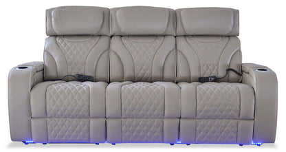 Elite 86 Genuine Leather Massage Power Reclining Sofa with Power Headrests and Storage Arms - Grey | Sofa de massage à inclinaison électrique Elite de 86 po en cuir véritable avec appuie-têtes électriques et accoudoirs de rangement - gris