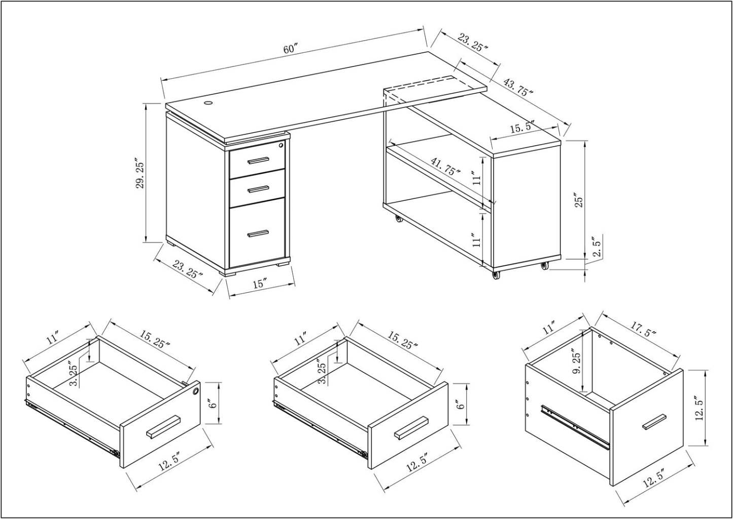 Bureau d'angle pliable Oliver 60 avec rangement et ports USB - Gris|Bureau en coin pliable Oliver de 60 po avec rangement et ports USB - gris
