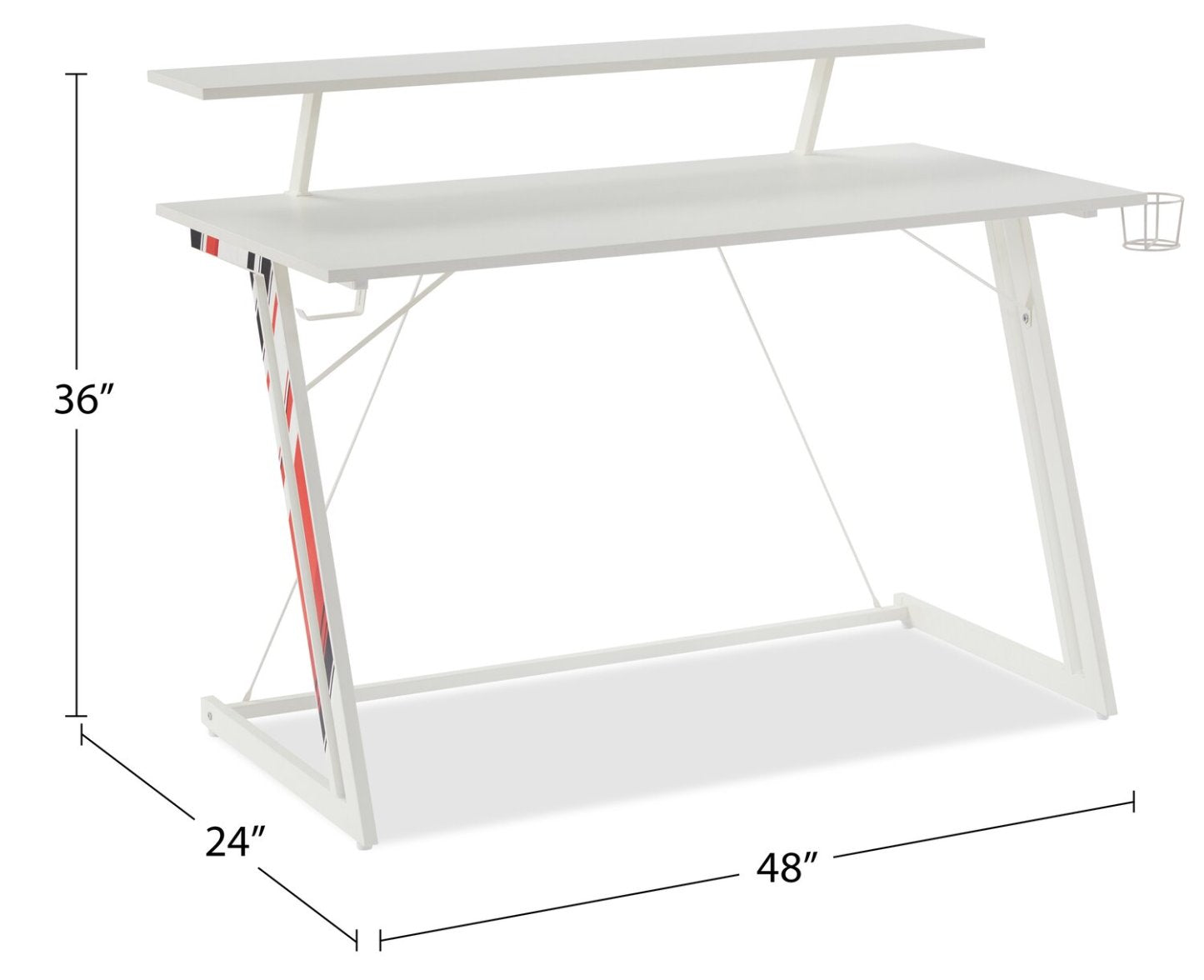Sparta 48 Gaming Office Desk with Raised Monitor Shelf - White with Black &amp; Red Accents|Bureau de jeu Sparta de 48 po avec tablette surélevée pour moniteur - blanc avec touches de noir et de rouge