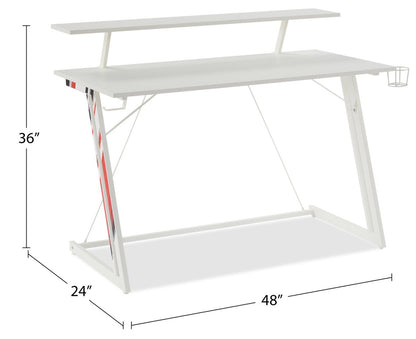 Sparta 48 Gaming Office Desk with Raised Monitor Shelf - White with Black &amp; Red Accents|Bureau de jeu Sparta de 48 po avec tablette surélevée pour moniteur - blanc avec touches de noir et de rouge