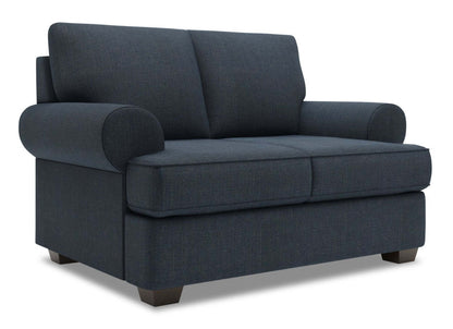 Fabriqué au Canada Causeuse personnalisable Roll de Sofa Lab de 64 po en tissu d'apparence lin avec accoudoirs enroulés - bleu Luna Sailor | RO202491