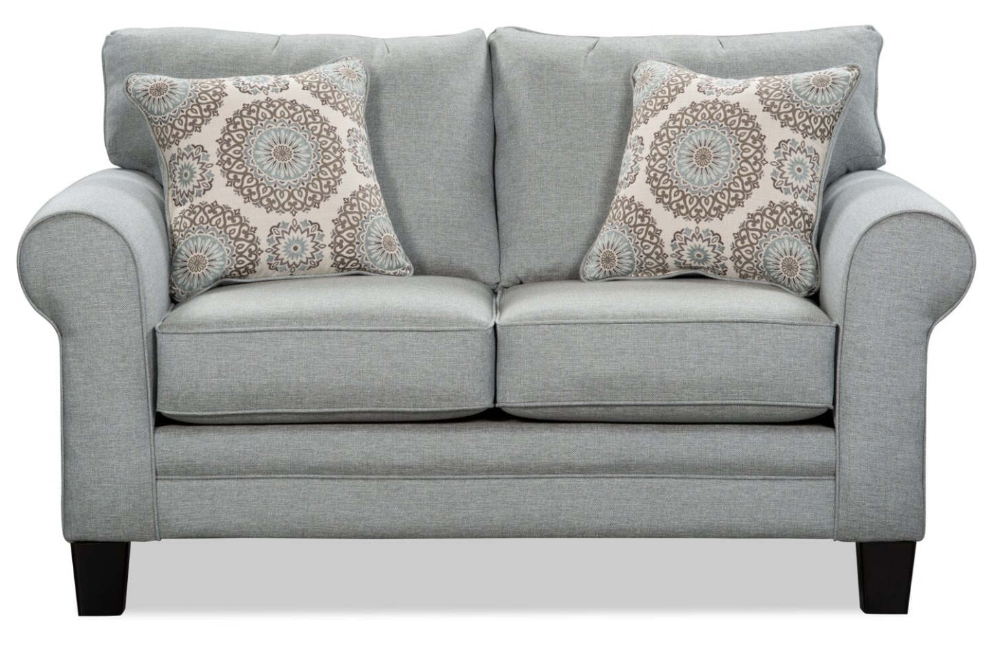 Made in Canada Tula 65 Fabric Loveseat with Rolled Arms and Accent Pillows - Mist Grey  | Causeuse Tula de 65 po fabriquée au Canada en tissu avec accoudoirs enroulés et coussins décoratifs - gris brume