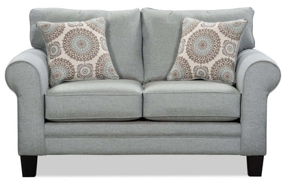 Made in Canada Tula 65 Fabric Loveseat with Rolled Arms and Accent Pillows - Mist Grey  | Causeuse Tula de 65 po fabriquée au Canada en tissu avec accoudoirs enroulés et coussins décoratifs - gris brume