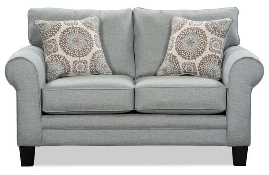 Made in Canada Tula 65 Fabric Loveseat with Rolled Arms and Accent Pillows - Mist Grey  | Causeuse Tula de 65 po fabriquée au Canada en tissu avec accoudoirs enroulés et coussins décoratifs - gris brume