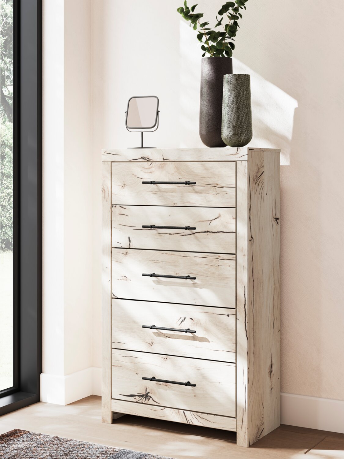 Commode de chambre à coucher Derekson, 5 tiroirs, 31,7 L x 53,9 H - Blanc rustique | Commode verticale de chambre à coucher Derekson de 31,7 po (L) x 53,9 po (H) à 5 tiroirs - blanc rustique