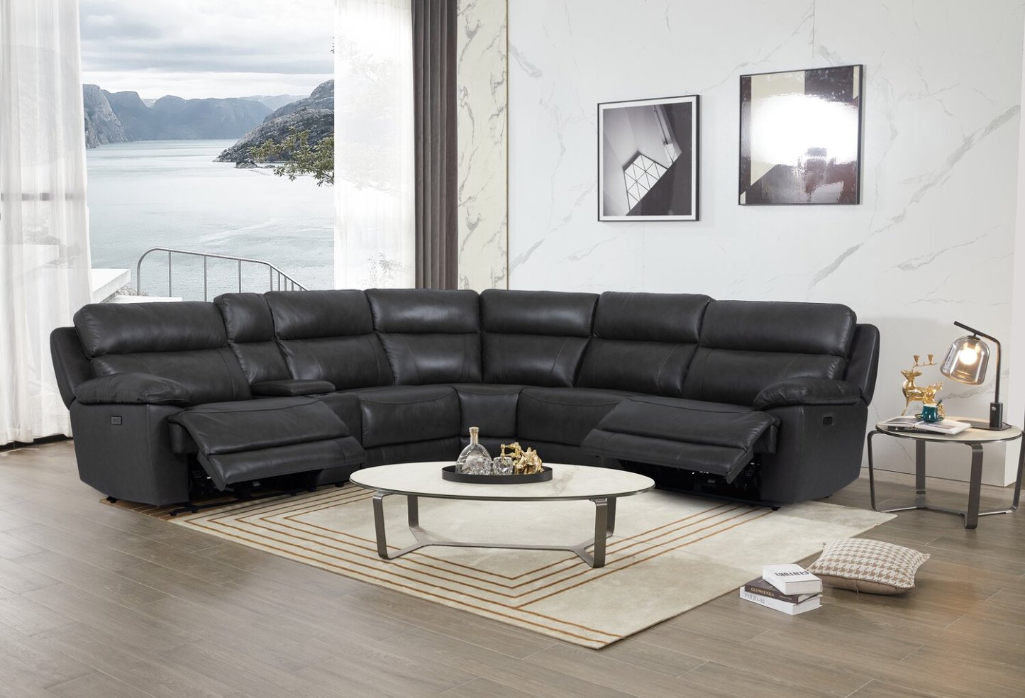 Sofa sectionnel à inclinaison électrique Sorrento 6 pièces en cuir véritable avec console de rangement et port USB - gris anthracite