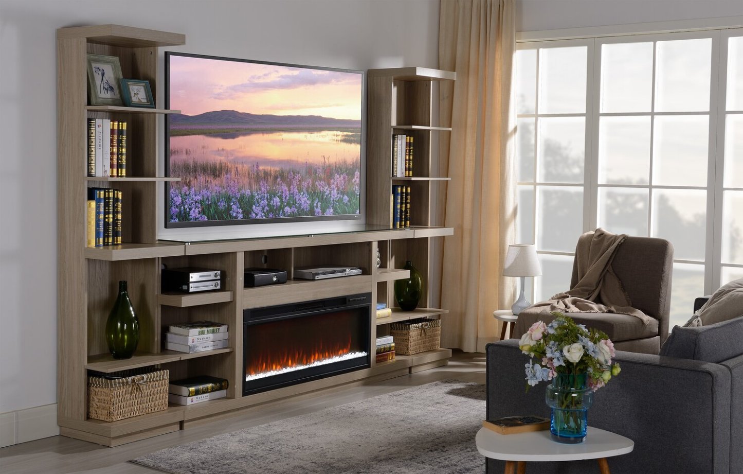 Axel 74 Meuble pour téléviseur moderne avec foyer électrique, rangement et système de gestion des câbles pour téléviseurs jusqu'à 85 po - taupe