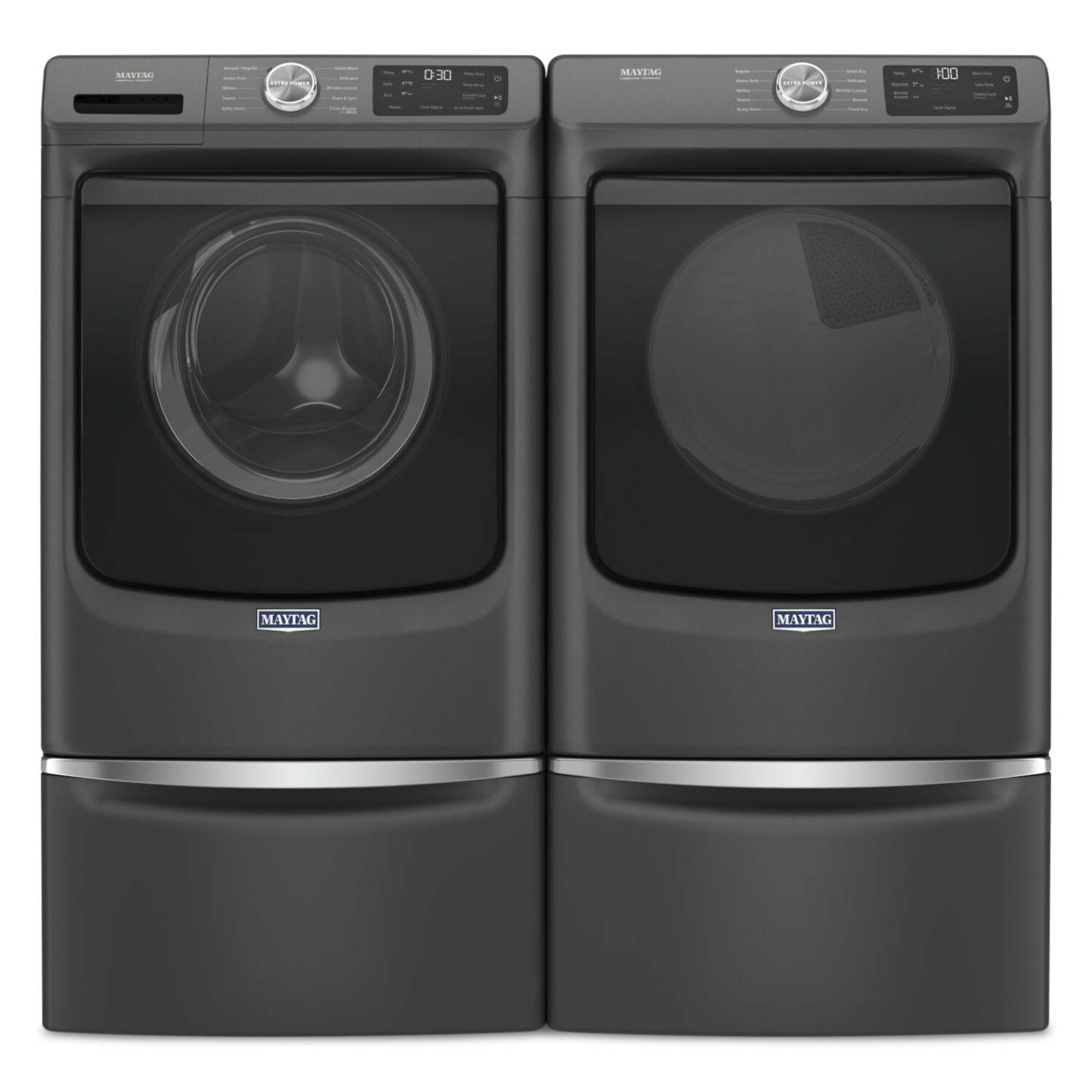 Maytag 5,2 pi³ Laveuse à chargement frontal et 7,3 pi³ Sécheuse à gaz avec Extra Power | Laveuse à chargement frontal de 5,2 pi³ et sécheuse à gaz de 7,3 pi³ avec Extra Power de Maytag | MAFL56BG