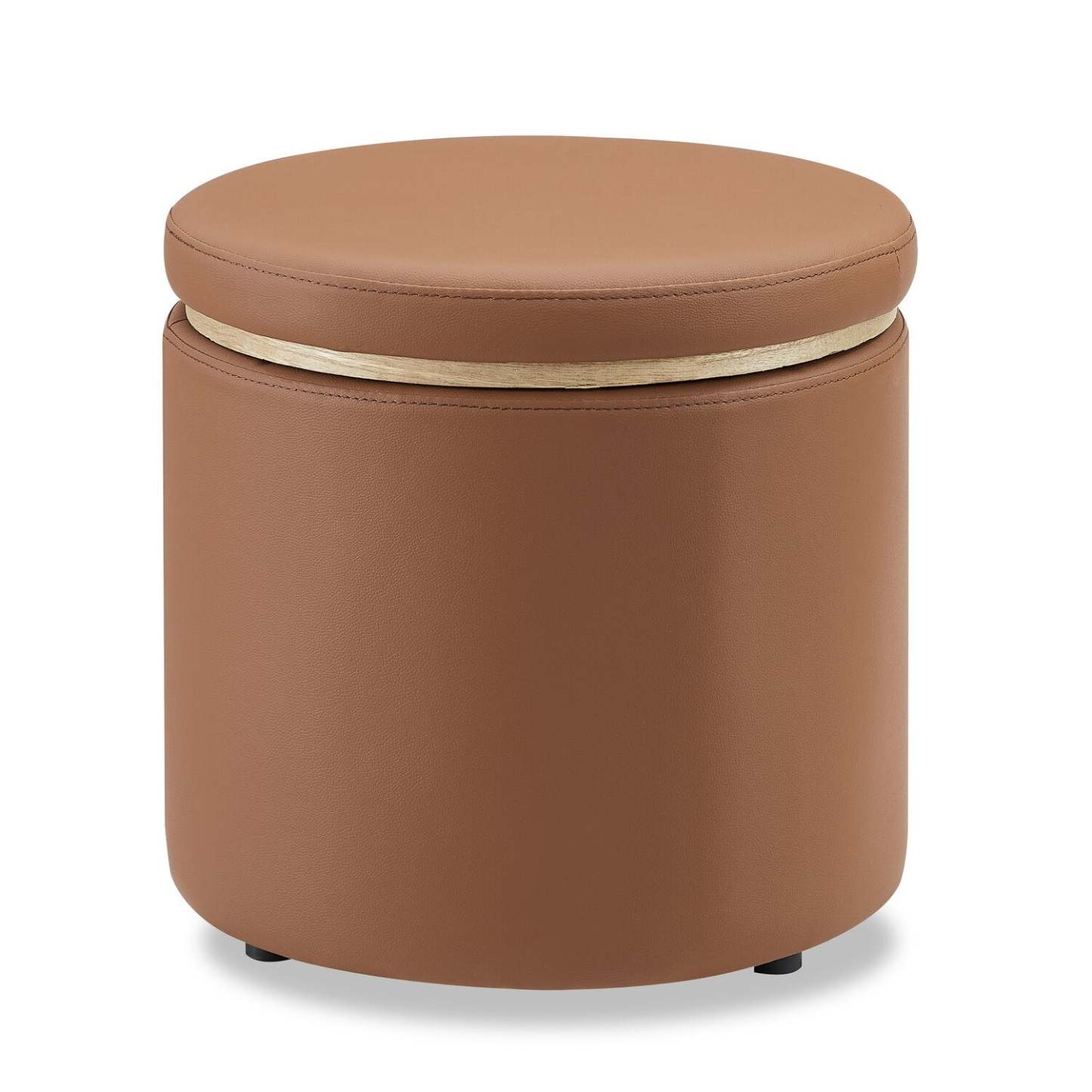 Manitoba 18 Round Storage Ottoman - Brown Faux Leather|Pouf de rangement rond Manitoba de 18 po - similicuir brun