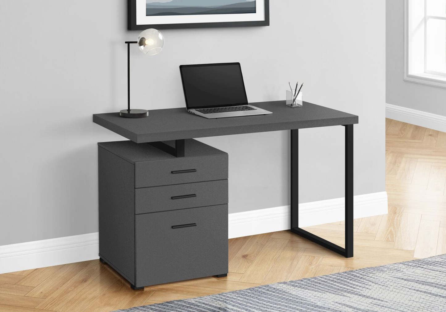 Clayton 47.25 Reversible Office Desk with 3-Drawers - Dark Grey|Bureau réversible Clayton de 47,25 po à 3 tiroirs - gris foncé