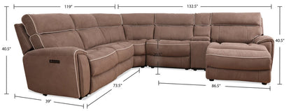 Cindy Crawford Home Canapé sectionnel à inclinaison électrique Newport, 6 pièces orienté vers la droite en faux suède avec port USB - Taupe | Canapé sectionnel inclinable à droite Newport de Cindy Crawford Home 6 pièces en suédine avec port USB - taupe