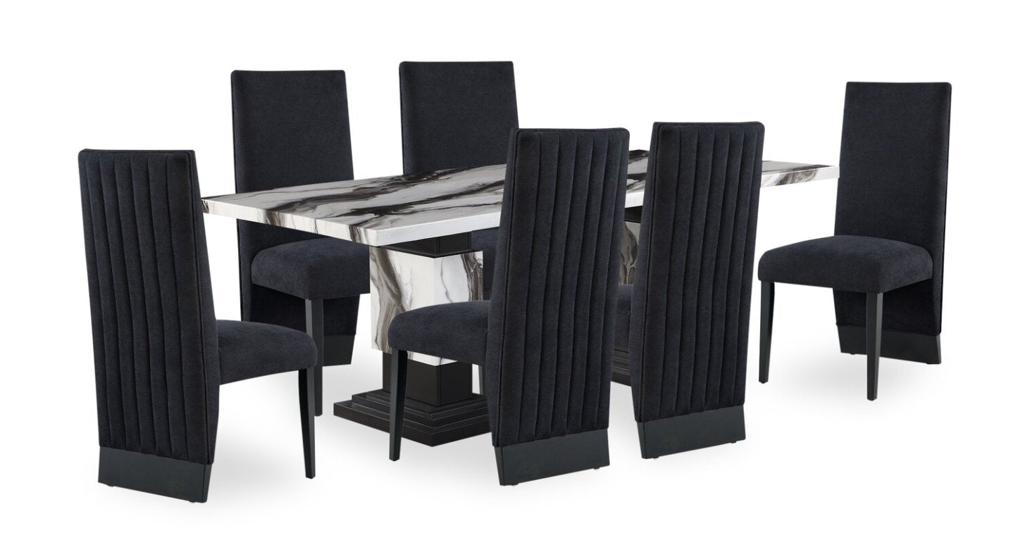 Ensemble de salle à manger Vega 7 pièces avec table de 82 po (L), imitation de marbre, piètement piédestal et 6 chaises - noir et blanc