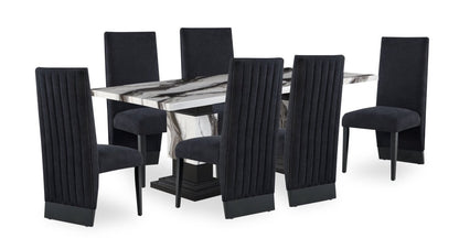 Ensemble de salle à manger Vega 7 pièces avec table de 82 po (L), imitation de marbre, piètement piédestal et 6 chaises - noir et blanc