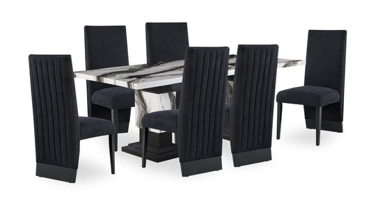 Ensemble de salle à manger Vega 7 pièces avec table de 82 po (L), imitation de marbre, piètement piédestal et 6 chaises - noir et blanc