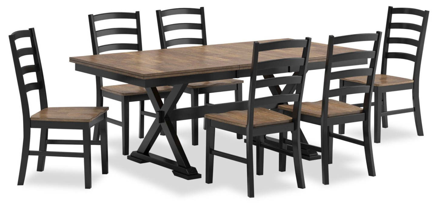 Raven 7pc Dining Package with 60-78W Extension Table & 6 Chairs - Two-Tone Black & Brown | Ensemble de salle à manger Raven 7 pièces avec table à rallonge, 60 po à 78 po (L) et 6 chaises - deux teintes, noir et brun