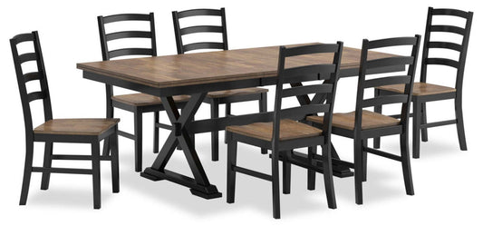 Raven 7pc Dining Package with 60-78W Extension Table & 6 Chairs - Two-Tone Black & Brown | Ensemble de salle à manger Raven 7 pièces avec table à rallonge, 60 po à 78 po (L) et 6 chaises - deux teintes, noir et brun
