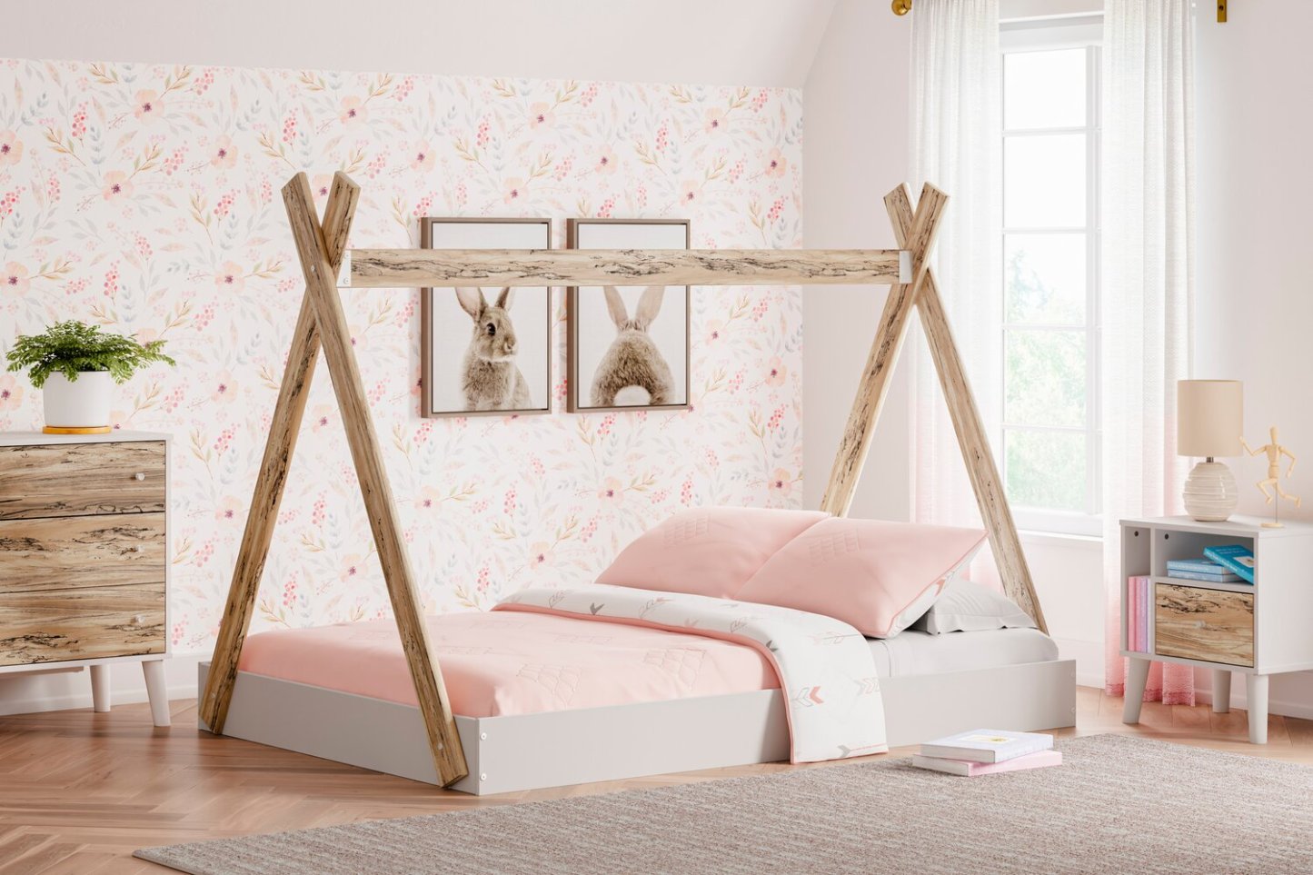 Lit de tente plateforme Wolf pour enfants, bicolore blanc et naturel - Pleine grandeur | Lit Wolf plateforme en forme de tente pour enfants, deux teintes, blanc et naturel - format lit double