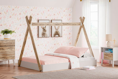 Lit de tente plateforme Wolf pour enfants, bicolore blanc et naturel - Pleine grandeur | Lit Wolf plateforme en forme de tente pour enfants, deux teintes, blanc et naturel - format lit double