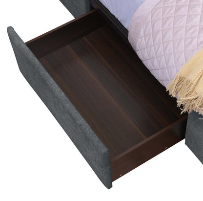 Sommier de lit rembourré avec rangement Amos en tissu anthracite avec 3 tiroirs intégrés - Grand lit | Base de lit de rangement Amos rembourrée en tissu anthracite avec 3 tiroirs intégrés - format grand lit