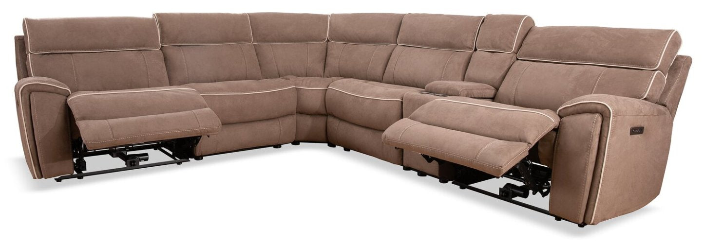 Cindy Crawford Home Newport 6-Piece Faux Suede Power Reclining Sectional with Armless Reclining Chair - Taupe | Canapé sectionnel à inclinaison électrique Newport de Cindy Crawford Home 6 pièces en suédine avec fauteuil inclinable sans accoudoirs - taupe