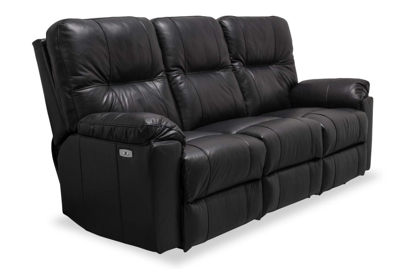 Sofa à inclinaison électrique Dawson de 87 po fabriqué au Canada en cuir véritable avec port USB et oussins décoratifs - noir