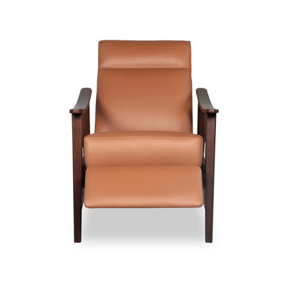 Aydin 27.5 Fauteuil d’appoint à inclinaison par poussée en cuir véritable avec accoudoirs et pattes en bois - orange chameau