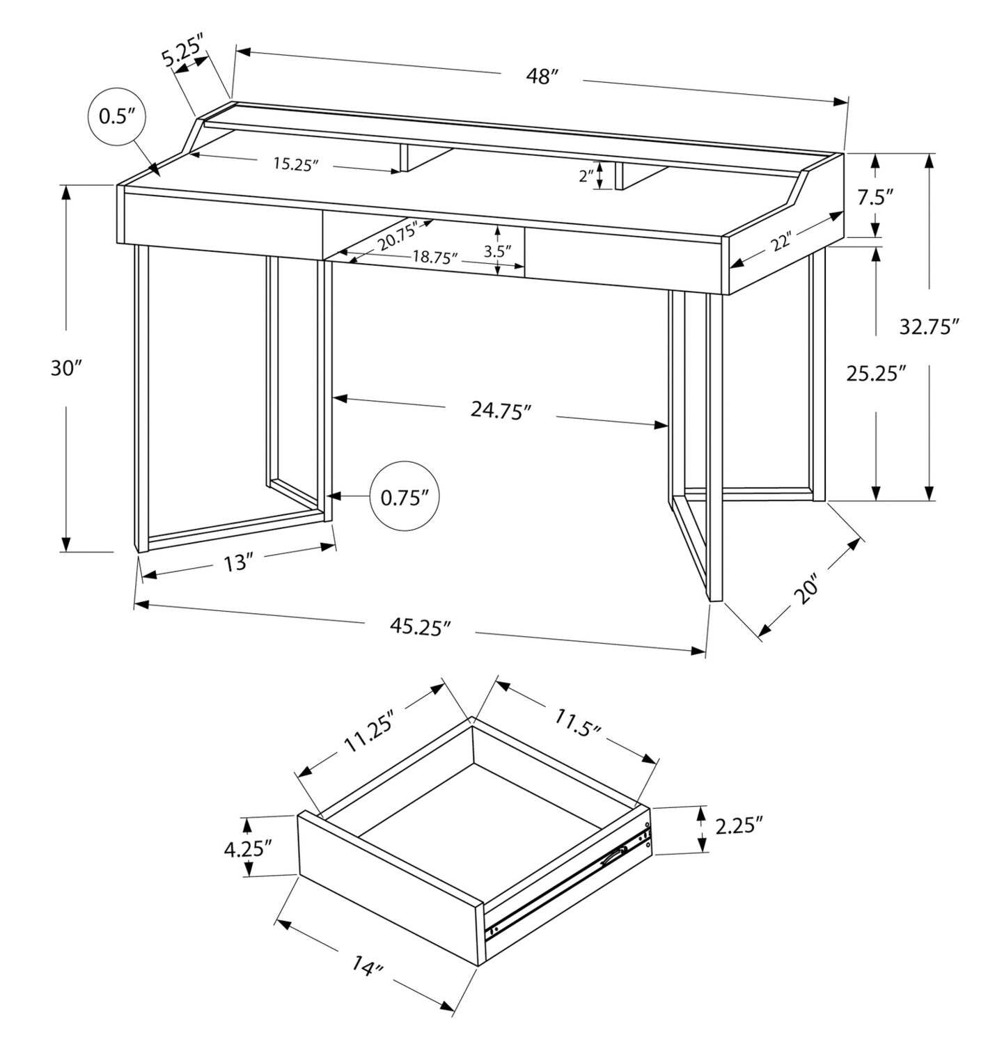 Bureau Jena 48 avec 2 tiroirs et compartiments - Taupe|Bureau Jena de 48 po à 2 tiroirs et compartiments ouverts - taupe